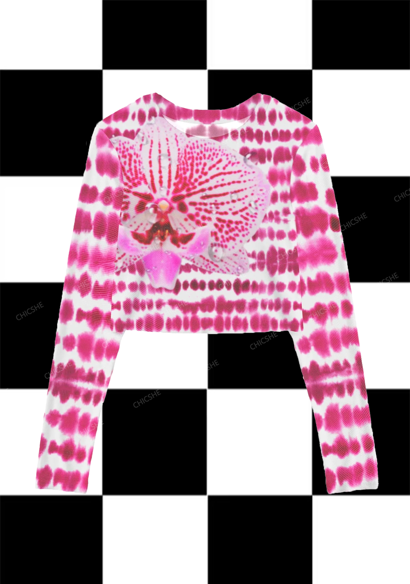  Pink Phalaenopsis Spots Y2K Mesh Long Sleeve Crop Top  Chicshe 