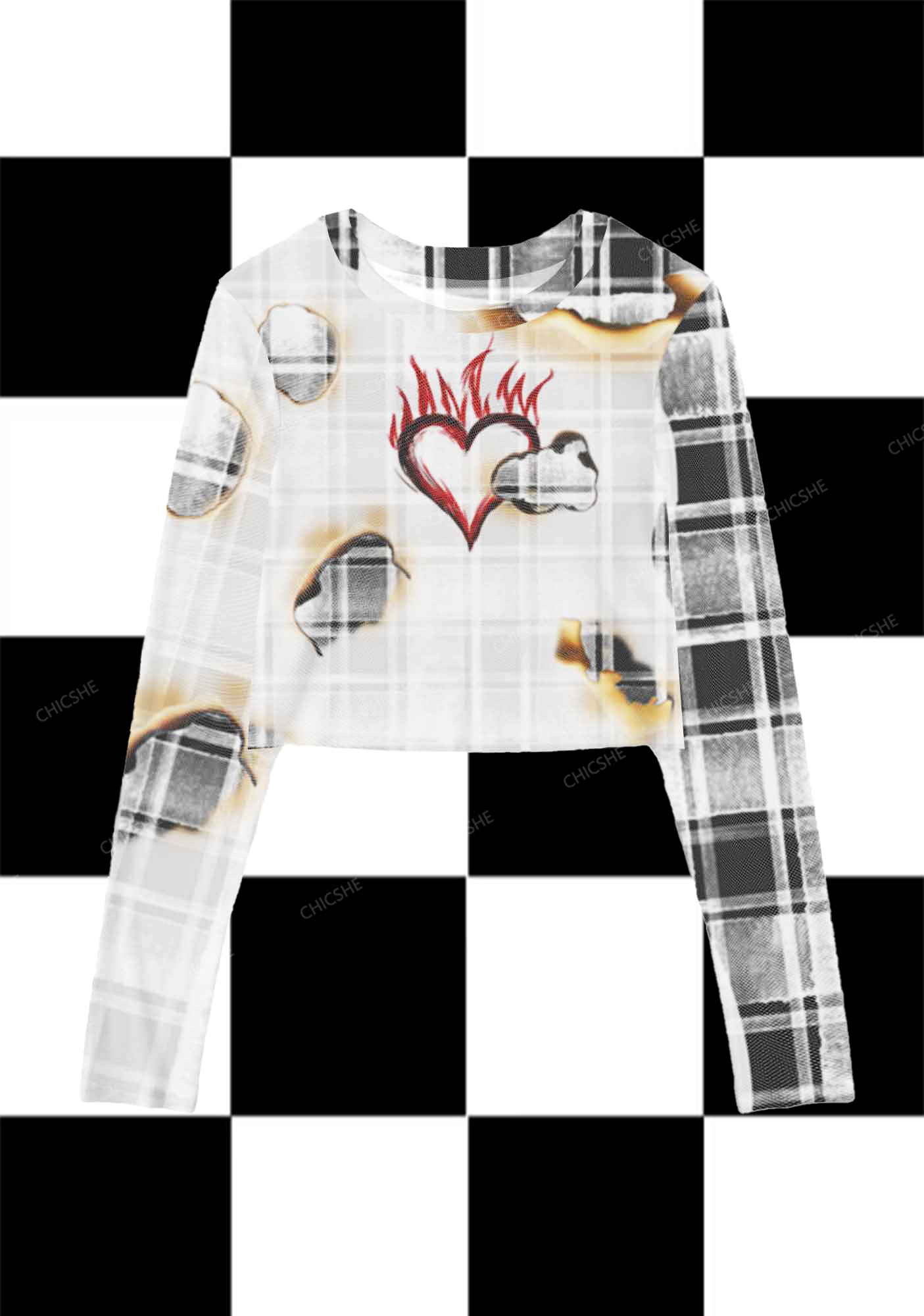 Burning Beauty Y2K Mesh Long Sleeve Crop Top  Chicshe 