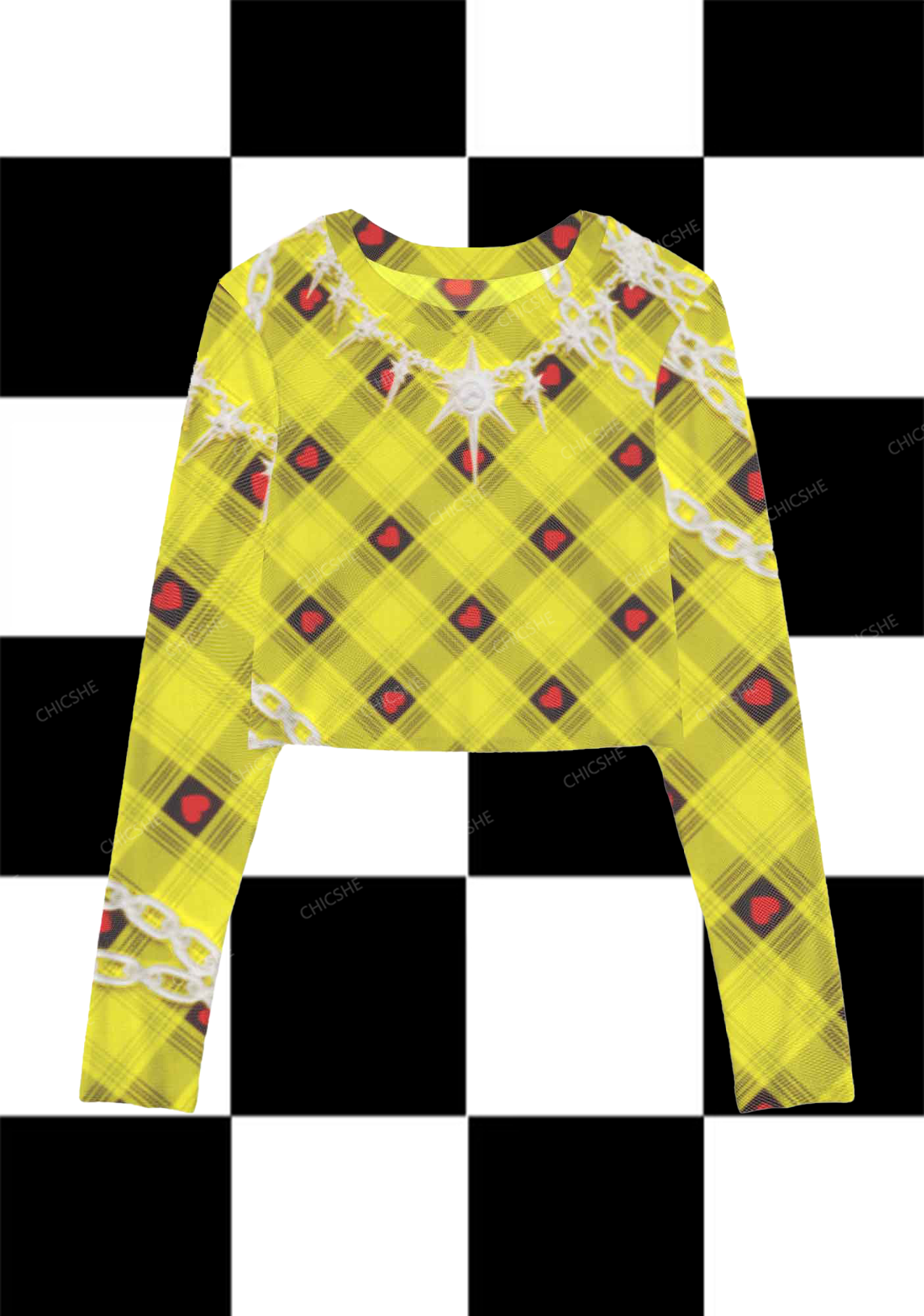 Yellow Plaid Y2K Mesh Long Sleeve Crop Top  Chicshe 