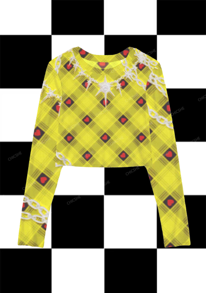 Yellow Plaid Y2K Mesh Long Sleeve Crop Top  Chicshe 