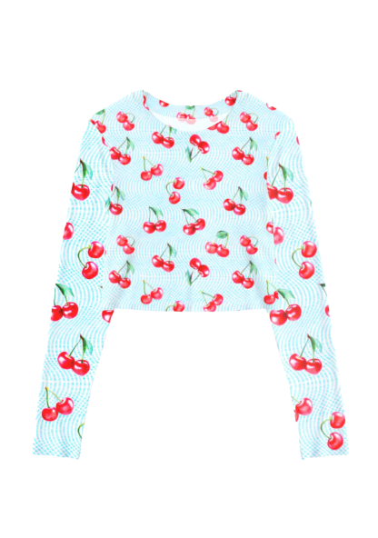 Blue Fresh Cherry Y2K Mesh Long Sleeve Crop Top  Chicshe 