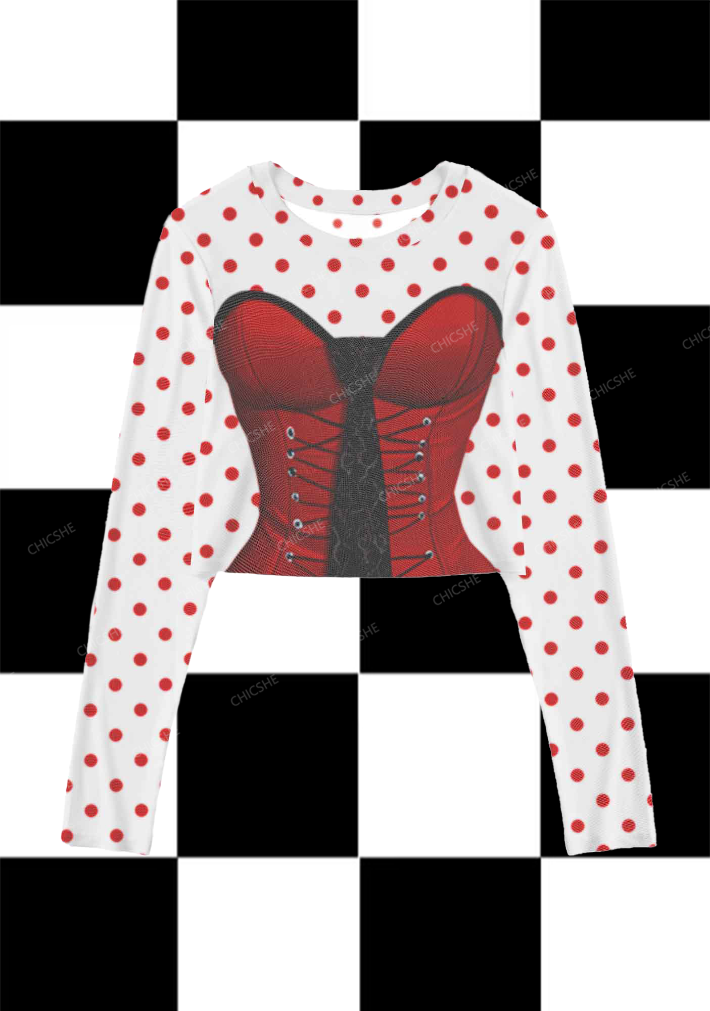  Red Corset Print Y2K Mesh Long Sleeve Crop Top  Chicshe 