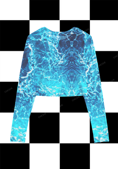 Blue Waves Y2K Mesh Long Sleeve Crop Top  Chicshe 