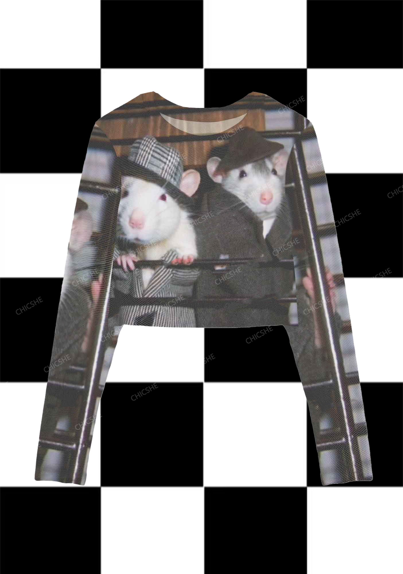 Two Mouse Gentlemen Y2K Mesh Long Sleeve Crop Top  Chicshe 