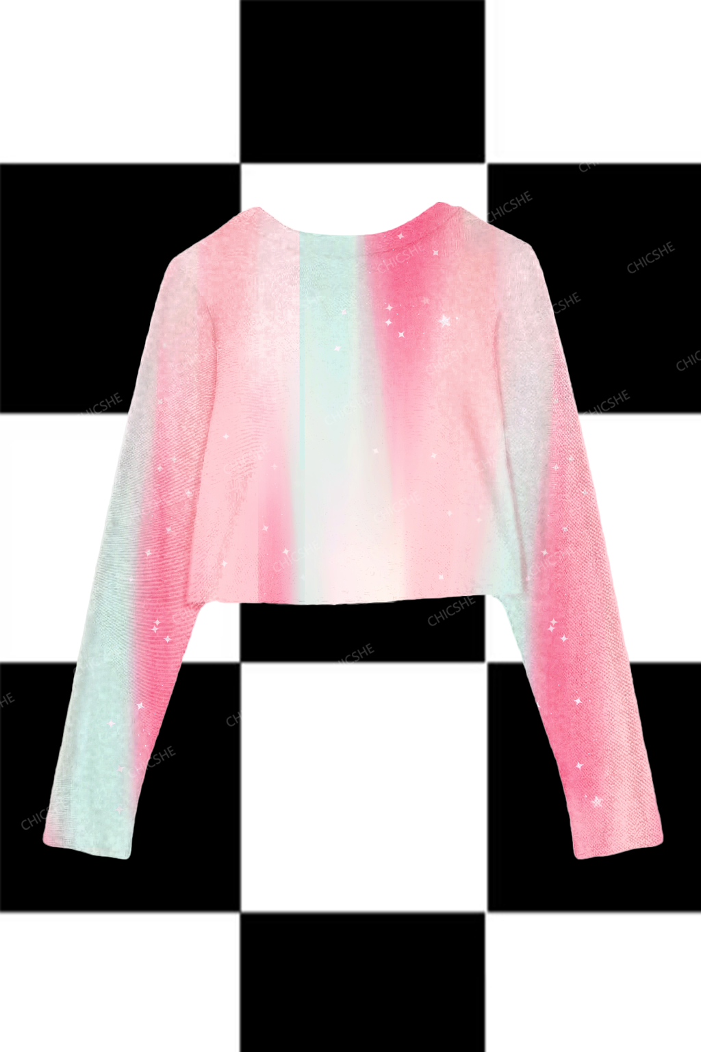 Chicshe Pink And Green Aurora Halo Y2K Mesh Long Sleeve Crop Top 