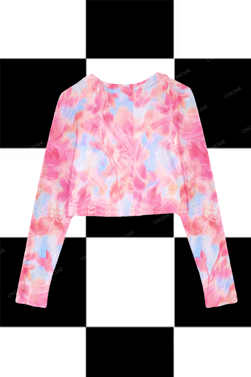 Chicshe Pink Blue Gradient Y2K Mesh Long Sleeve Crop Top 