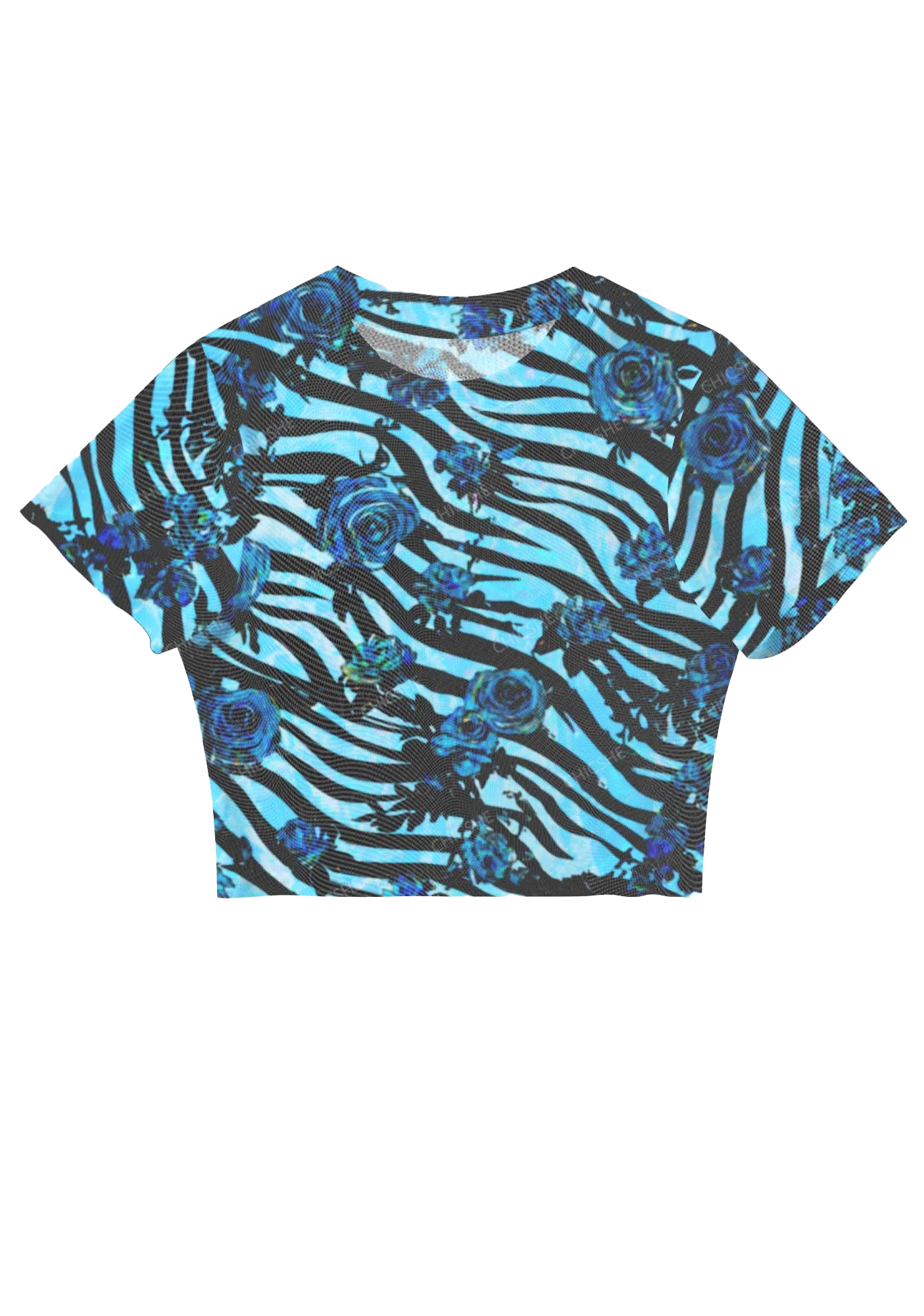 Chicshe Blue Rose Zebra Print Y2K Mesh Crop Top 