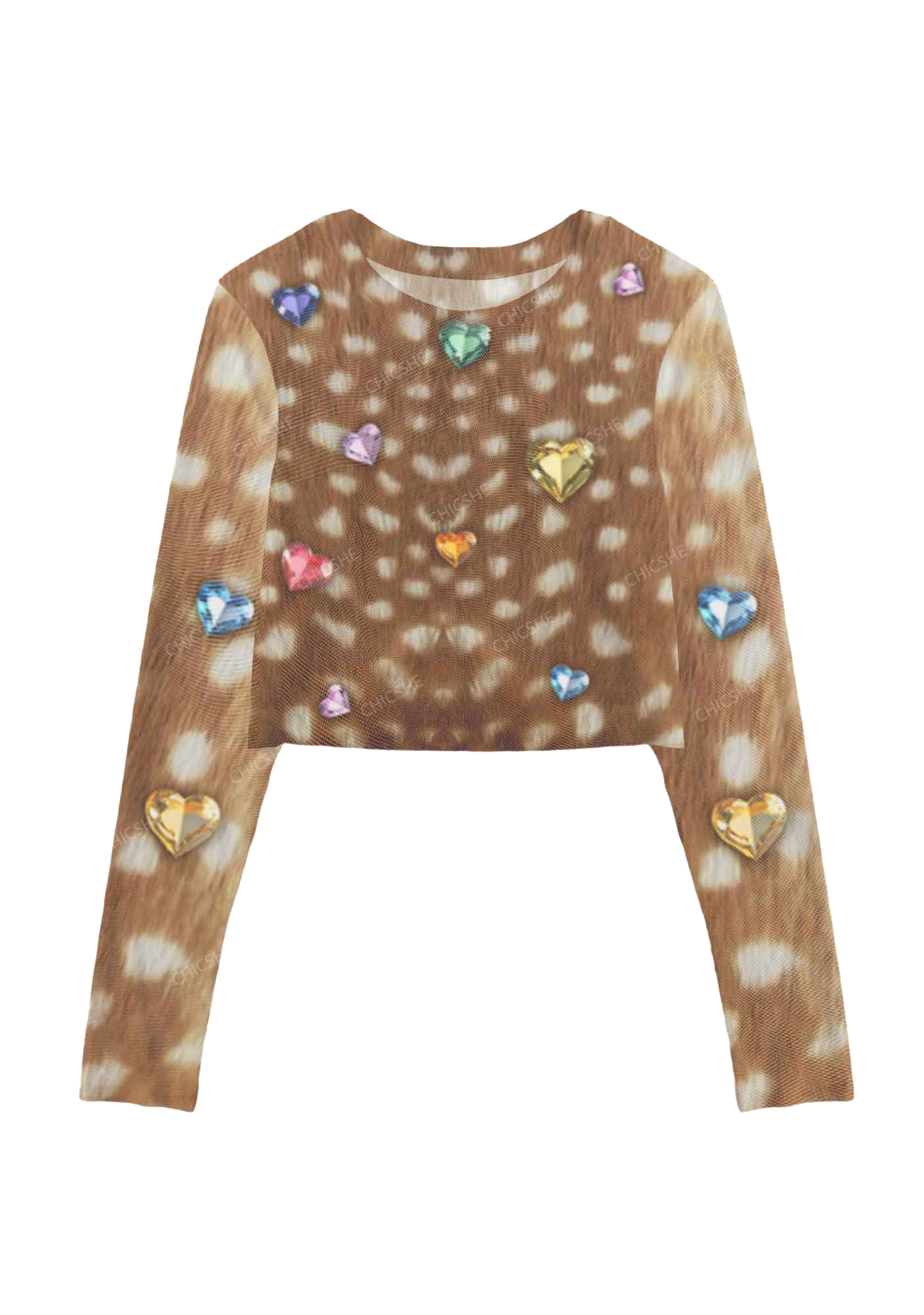 Leopard Print Gemstone Y2K Mesh Long Sleeve Crop Top Chicshe  
