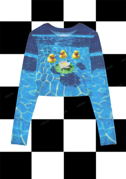 Little Duck In The Pool Y2K Mesh Long Sleeve Crop Top Chicshe  