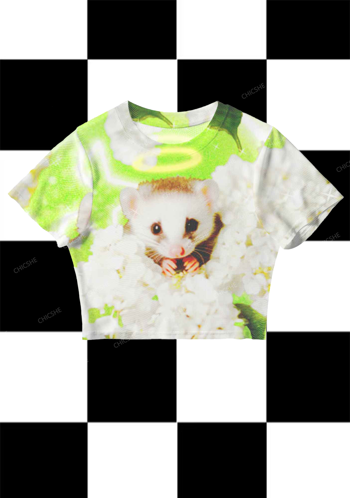 White Flowers And Angel Mice Y2K Mesh Crop Top Chicshe 