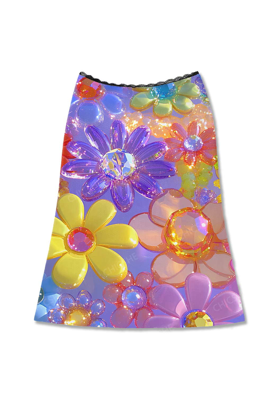 Chicshe Colorful Crystal Flower Print Y2K Print Midi Skirt 