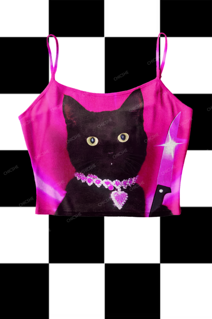 Halloween Black Cat Killer Y2K Print Mesh Cami Tank Chicshe 