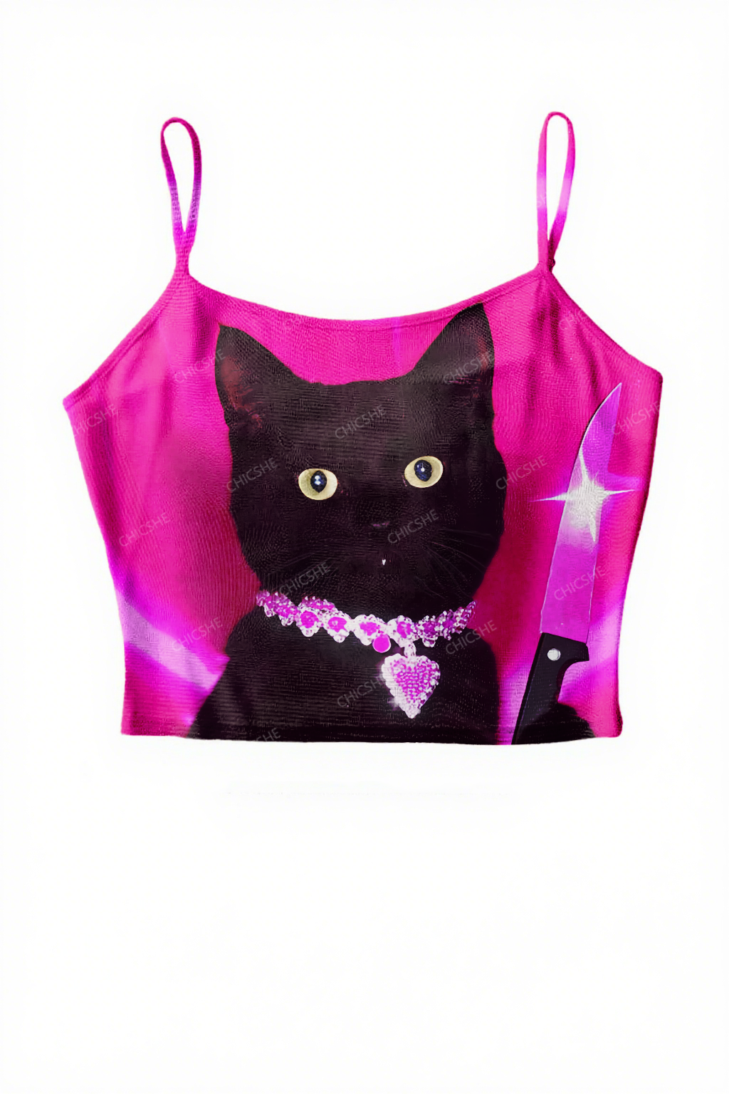 Halloween Black Cat Killer Y2K Print Mesh Cami Tank Chicshe 