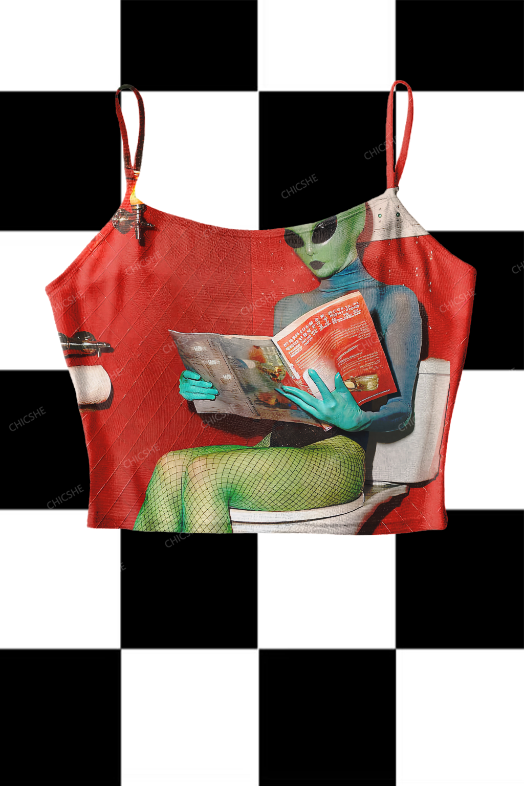  Halloween Alien On The Toilet Y2K Print Mesh Cami Tank Chicshe 