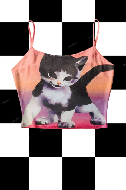 Chicshe Cute Black Cat Y2K Print Mesh Cami Tank 