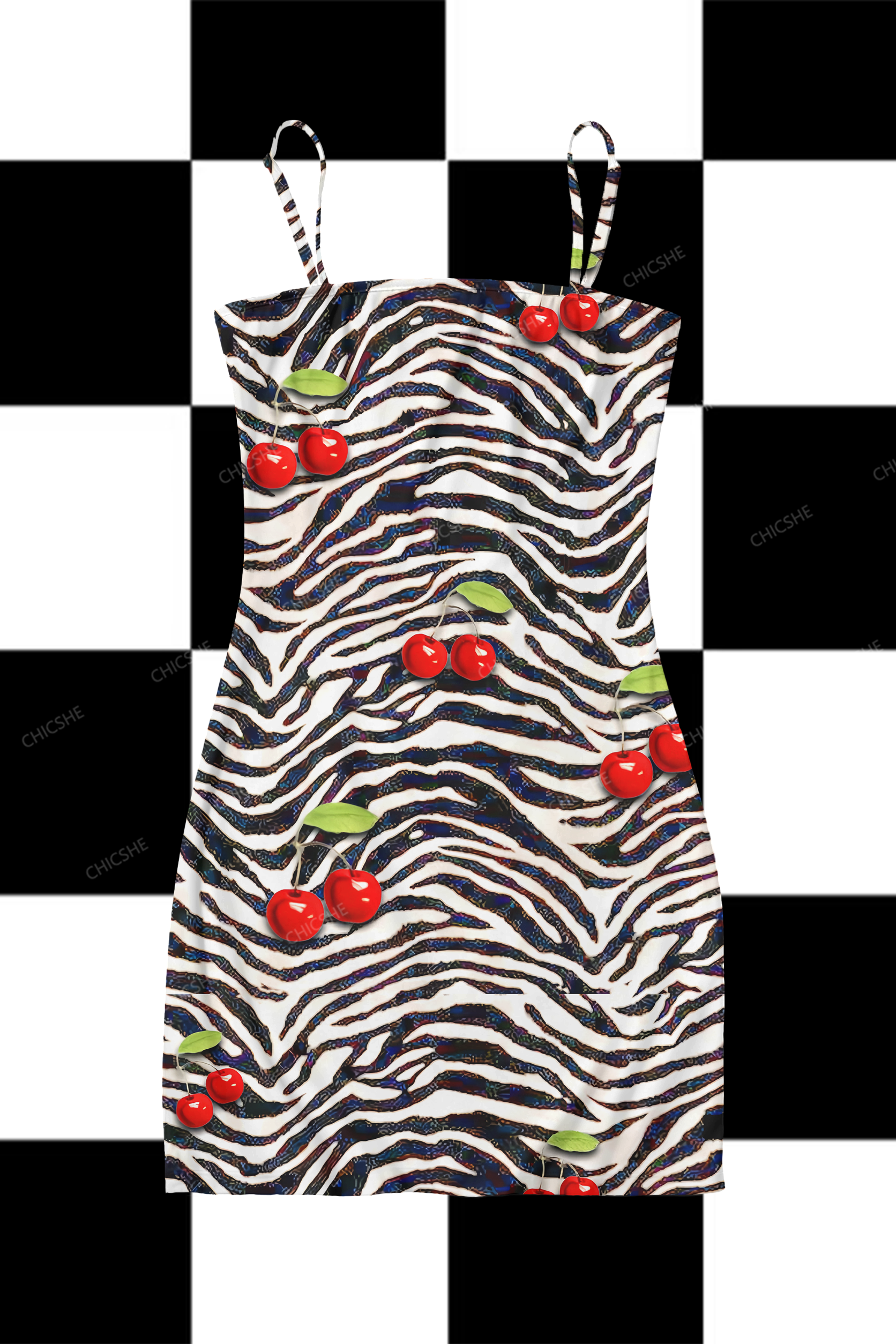  Zebra Cherry Y2K Print Slip Dress Chicshe