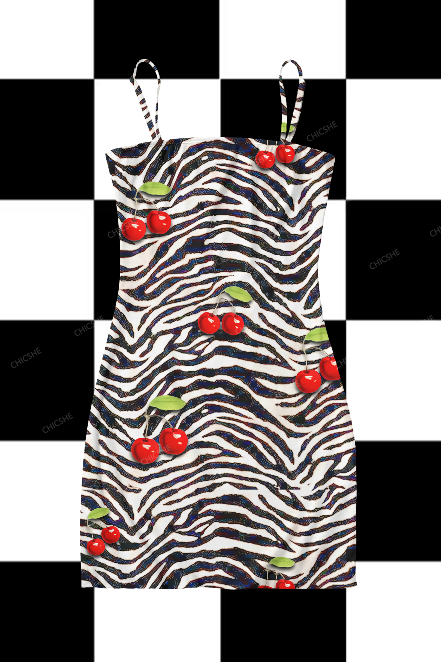  Zebra Cherry Y2K Print Slip Dress Chicshe