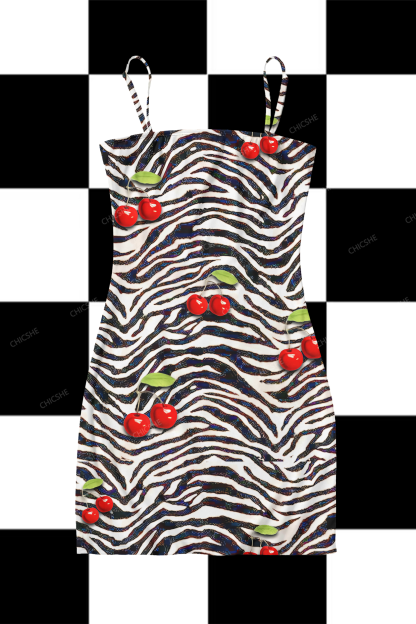  Zebra Cherry Y2K Print Slip Dress Chicshe