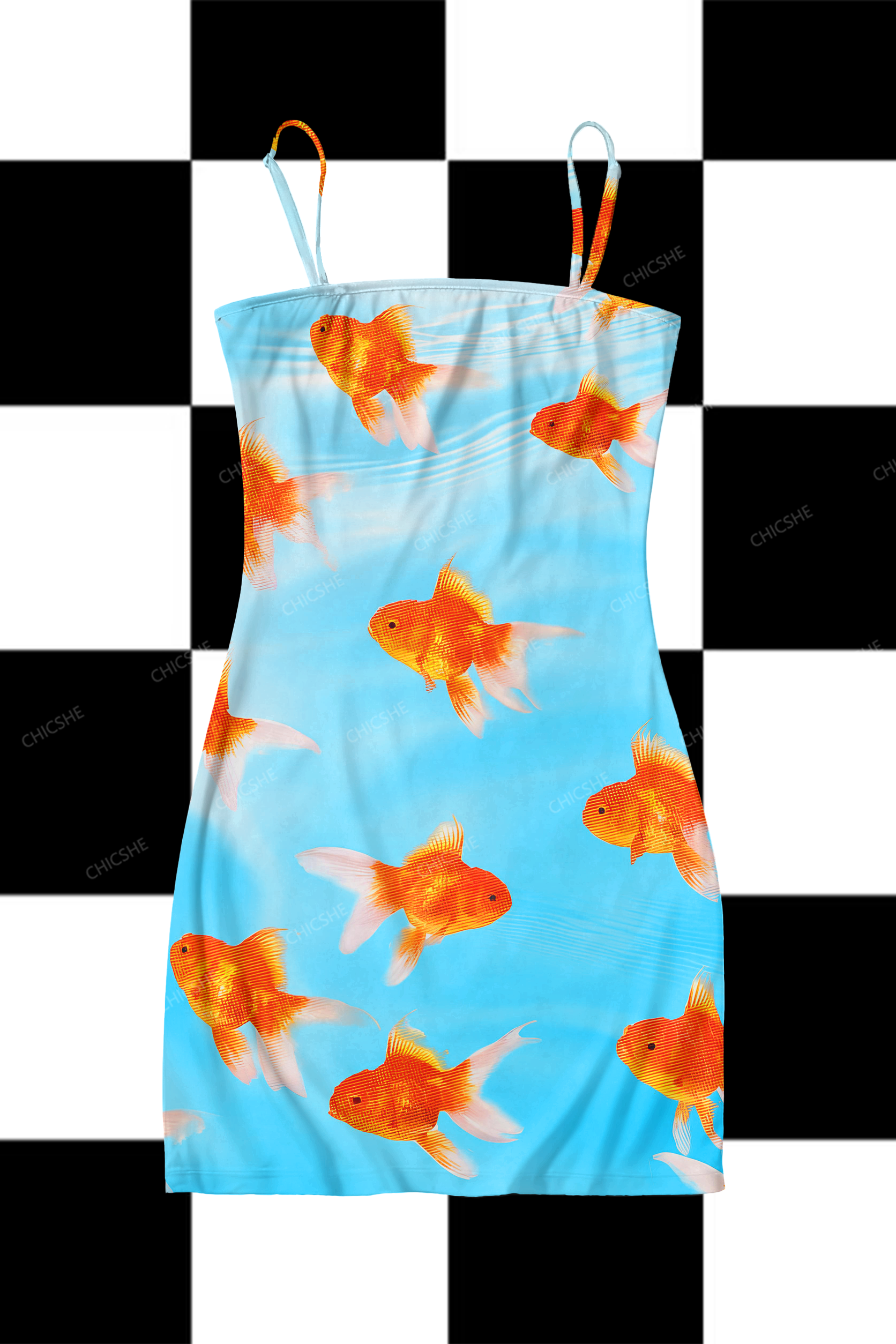 Floating Goldfish Y2K Print Slip Dress Chicshe 