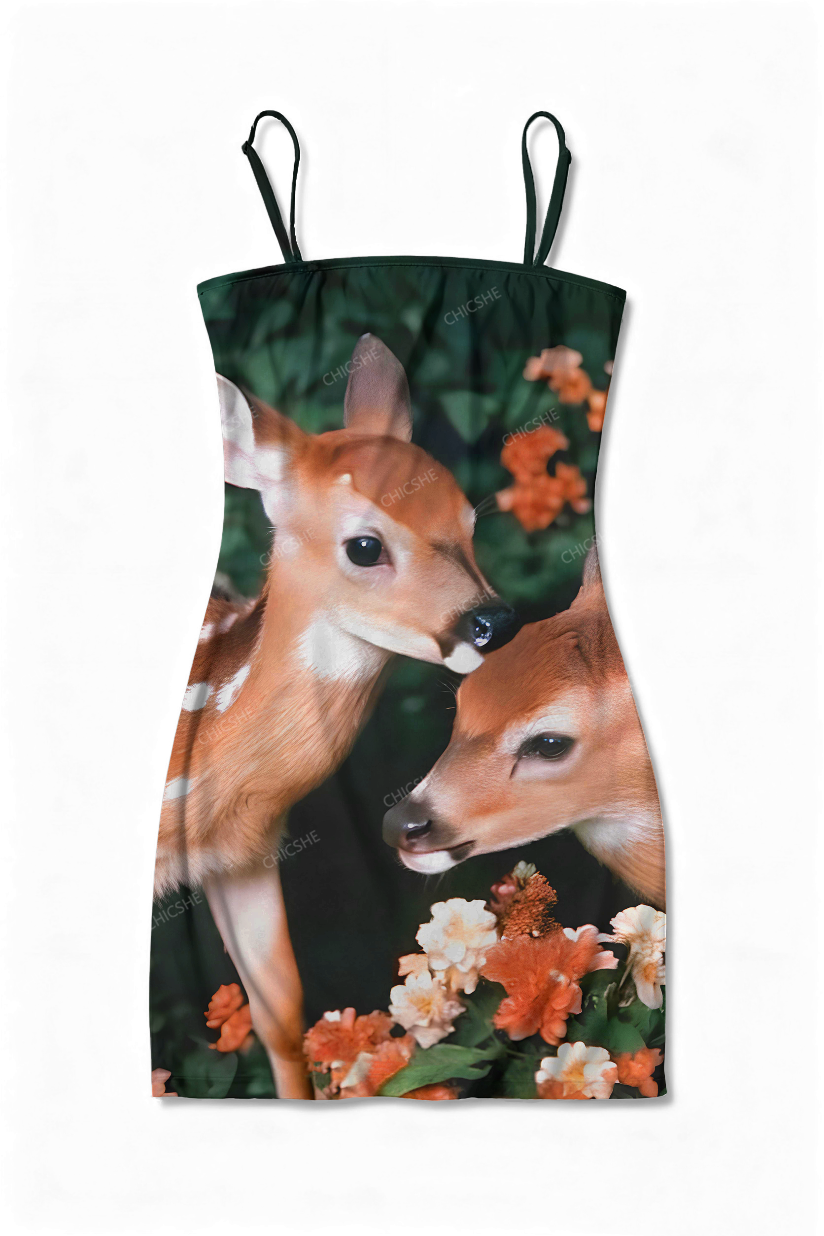 Deer In The Forest Y2K Print Slip Dress Chicshe 