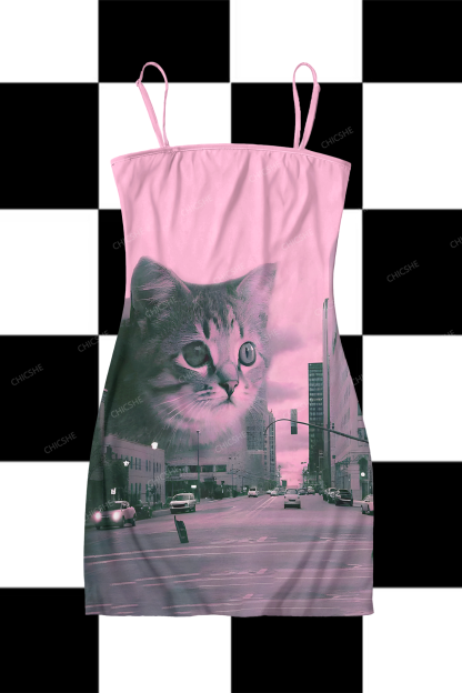 Giant Cats In The City Y2K Print Slip Dress Chicshe 