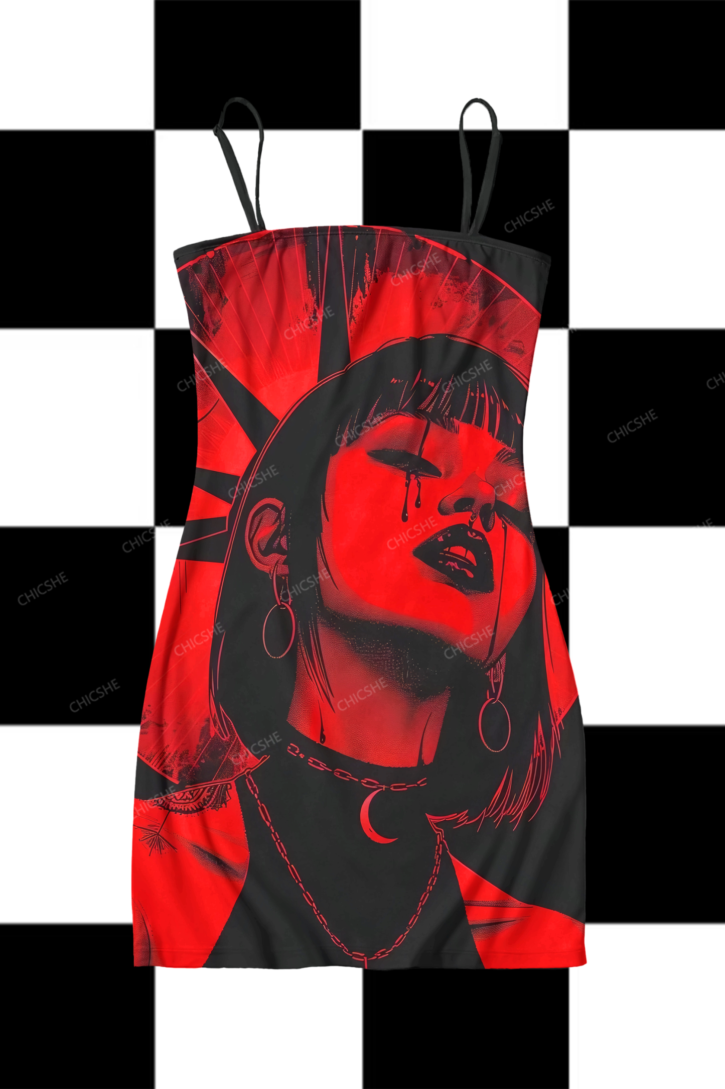 Red Pomegranate Y2K Print Slip Dress Cherrykitten