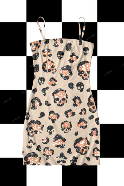 Halloween Skull Leopard Print Y2K Print Slip Dress Chicshe 