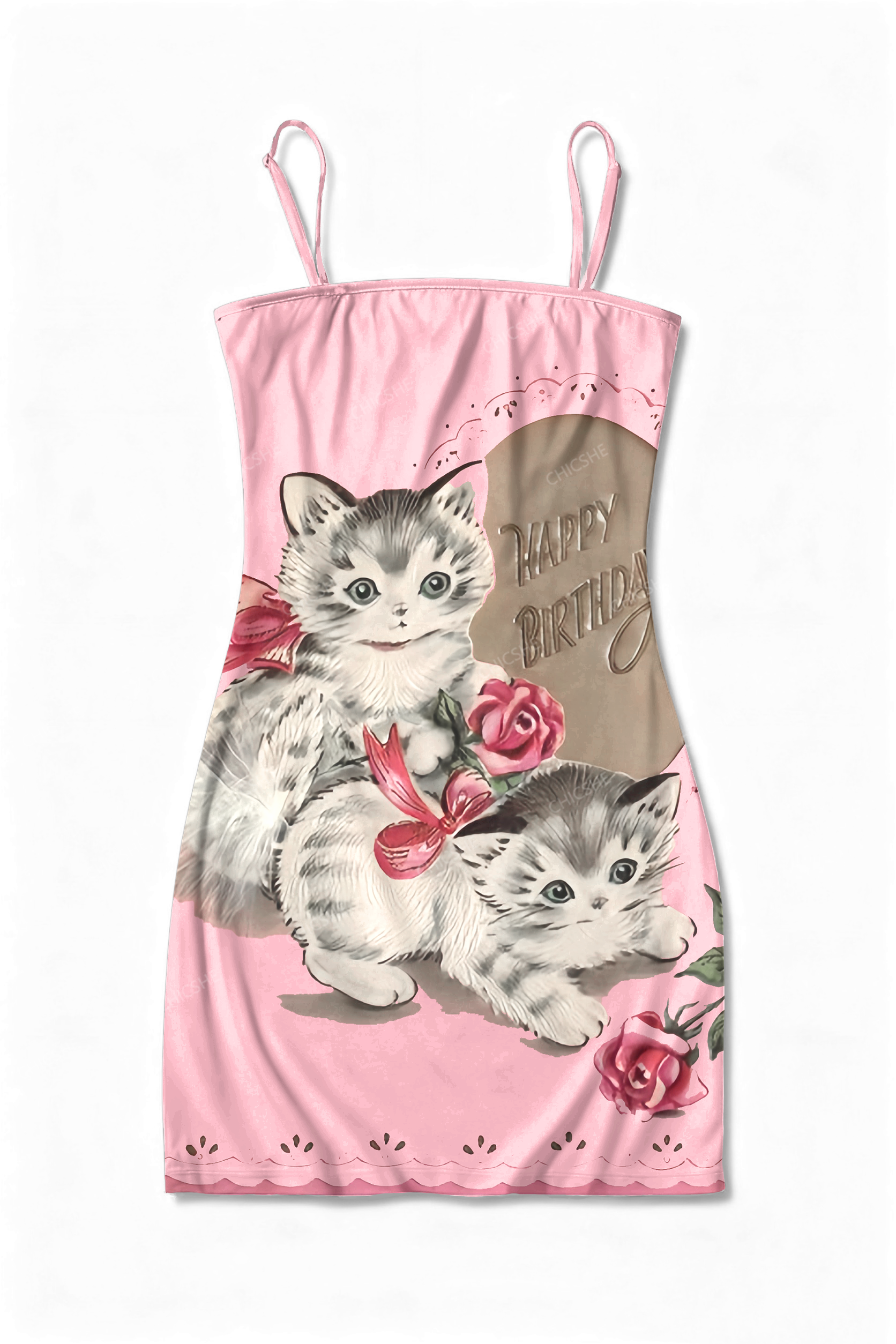 Chicshe Retro Cat Roses Y2K Print Slip Dress  
