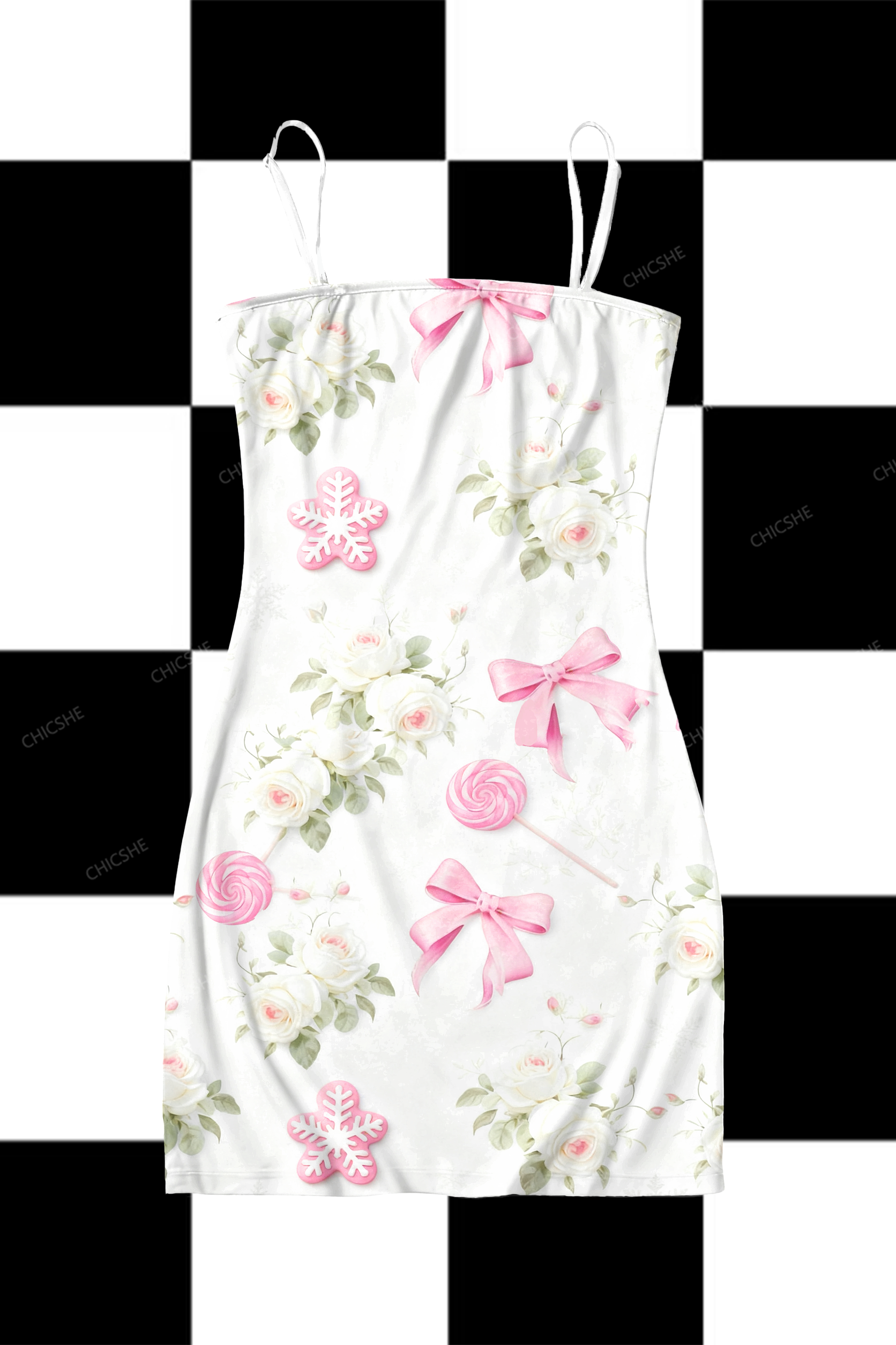 Chicshe White Roses And Bows Y2K Print Slip Dress  