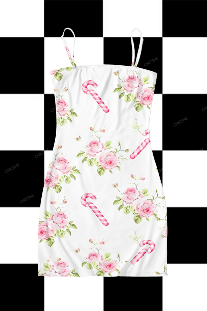 Chicshe Romantic Floral Christmas Candy Y2K Print Slip Dress  