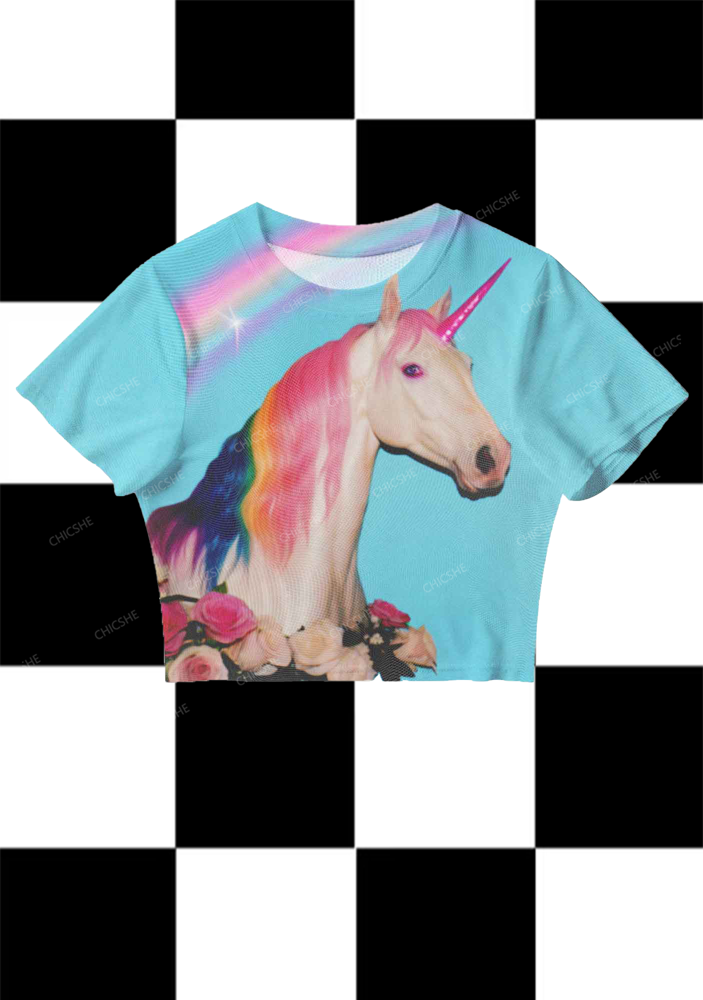 Chicshe Rainbow Unicorn Print Y2K  Mesh Crop Top