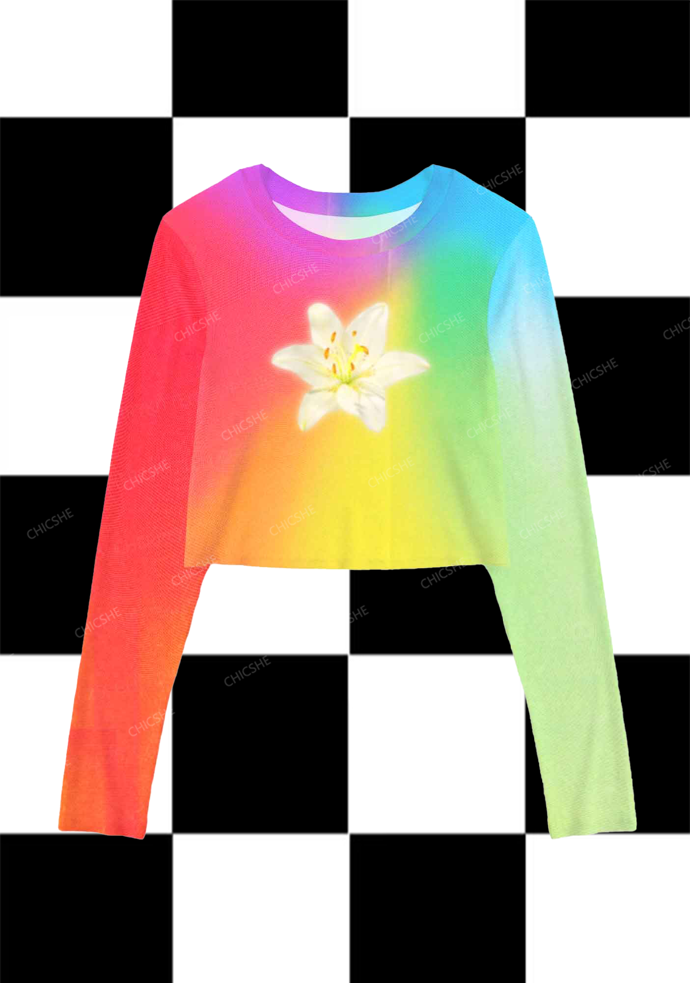 Chicshe  Colorful Lilies Y2K Mesh Long Sleeve Crop Top