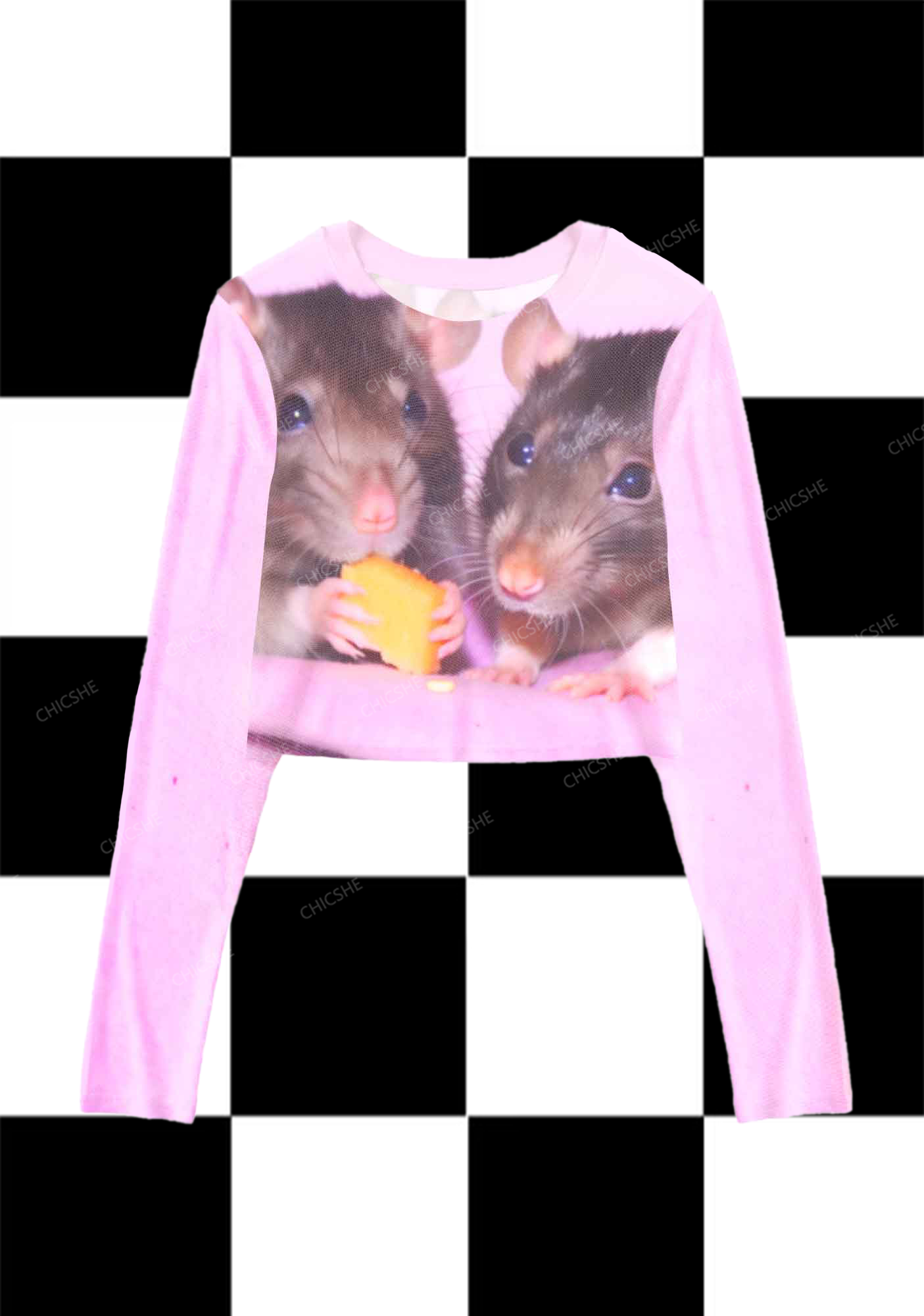 Pink Stealing Mouse Y2K Mesh Long Sleeve Crop Top Chicshe