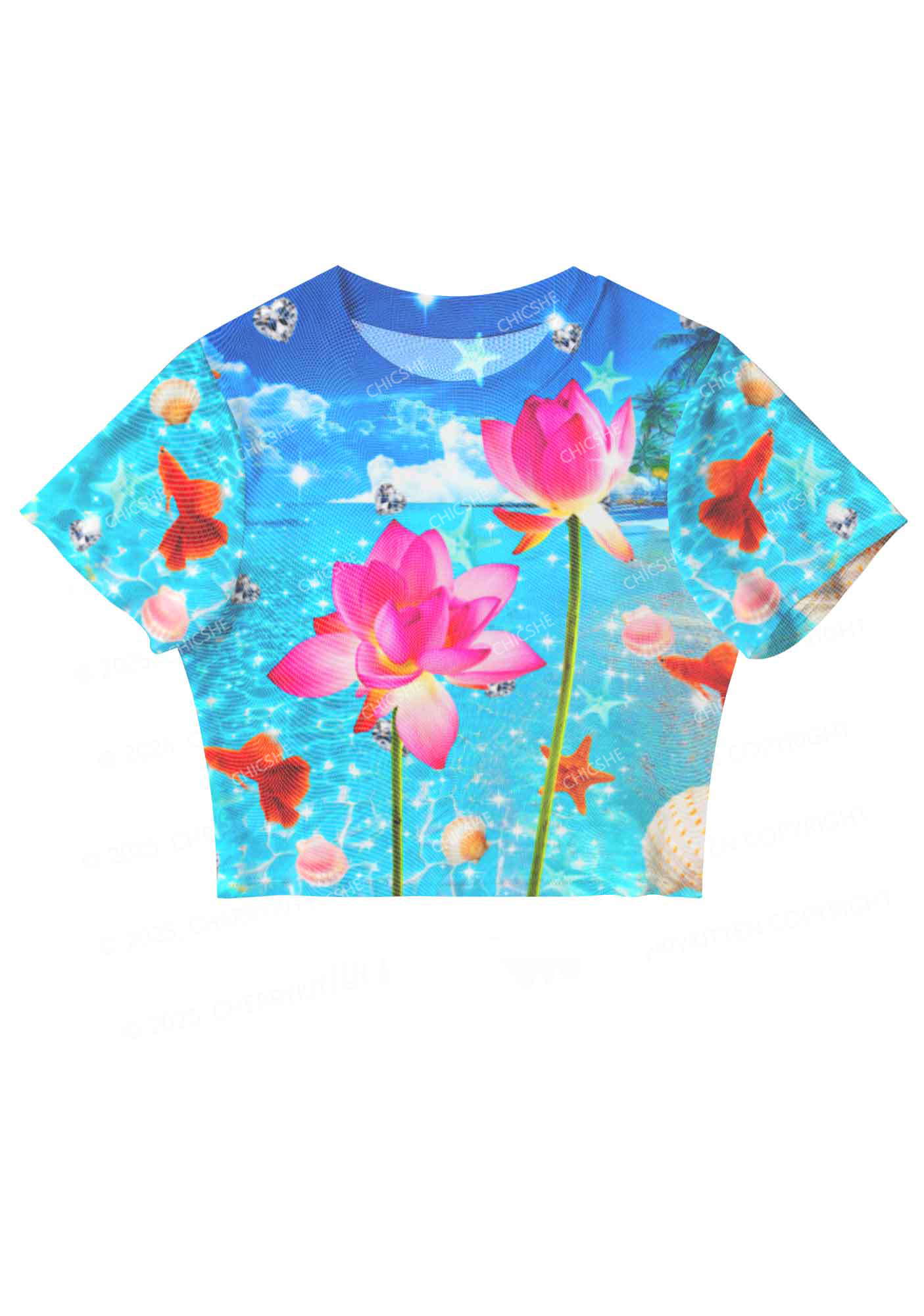 Chicshe Lotus Print Y2K  Mesh Crop Top