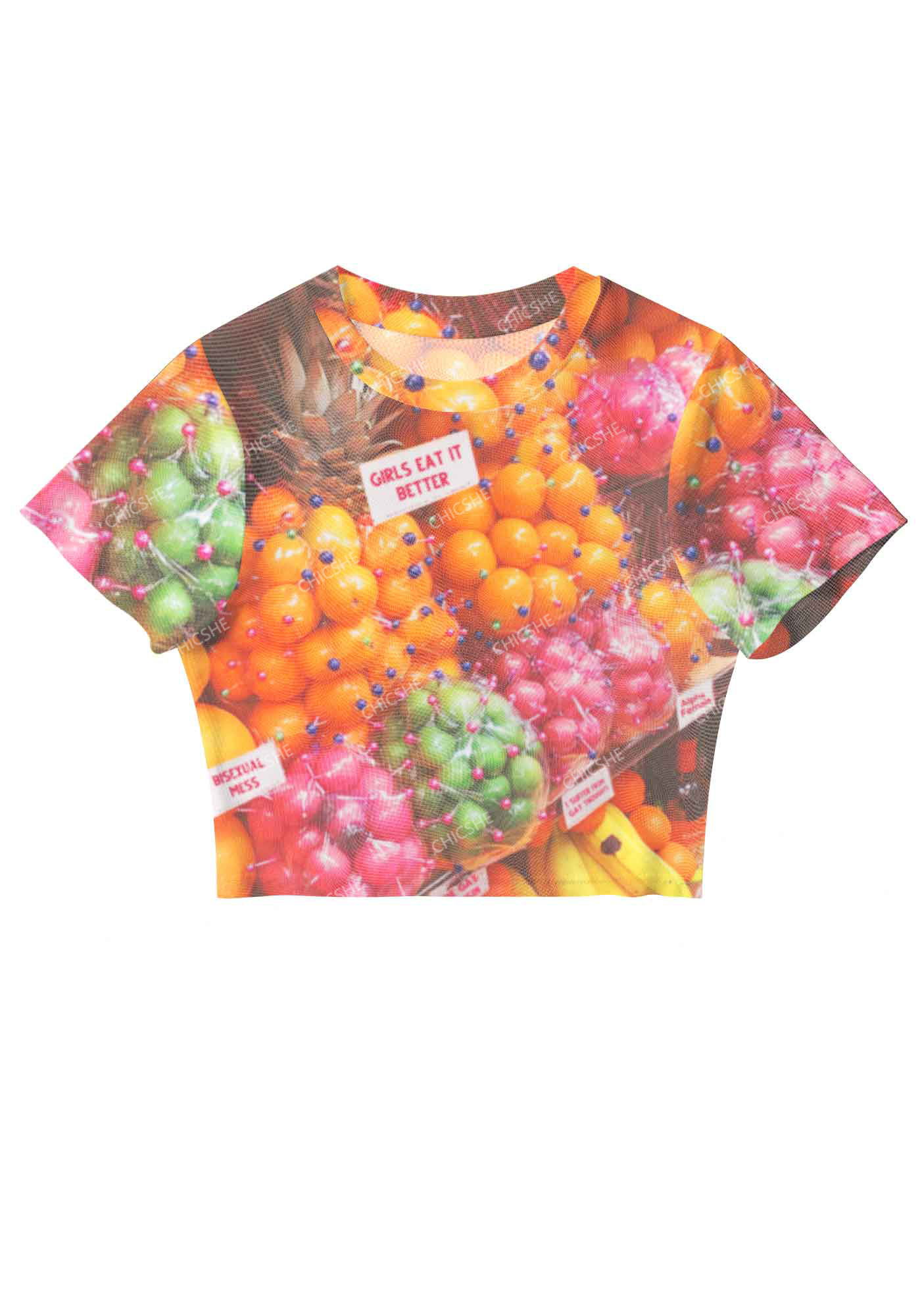 Chicshe Colorful Fruit Print Y2K  Mesh Crop Top