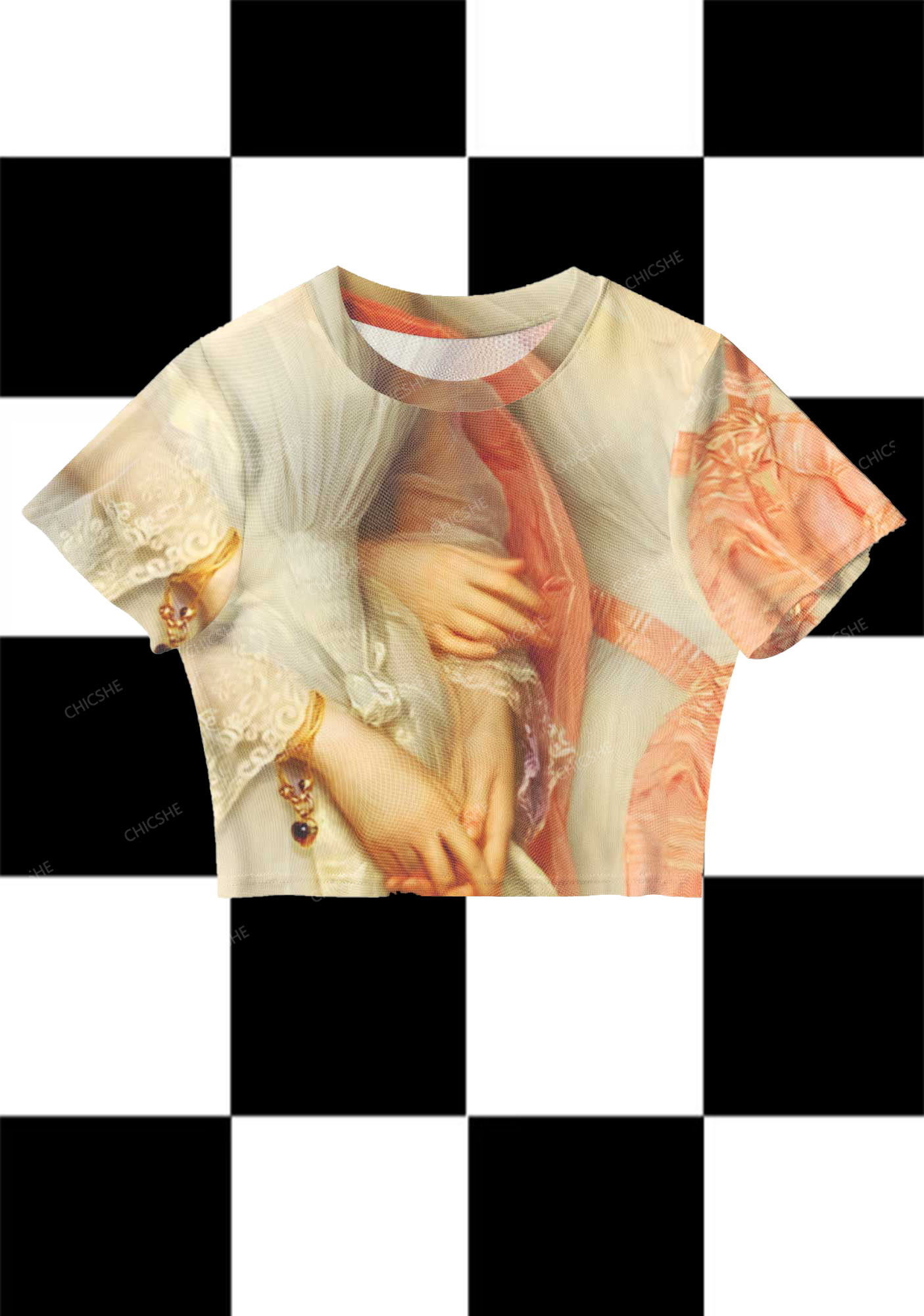 Chicshe Girls Holding Hands Print Y2K  Mesh Crop Top