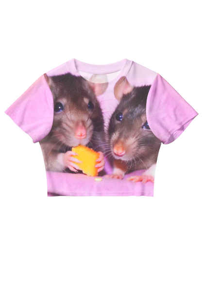 Chicshe Pink Mouse Print Y2K  Mesh Crop Top