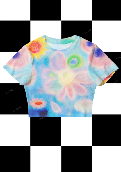 Chicshe Colorful graffiti Print Y2K  Mesh Crop Top