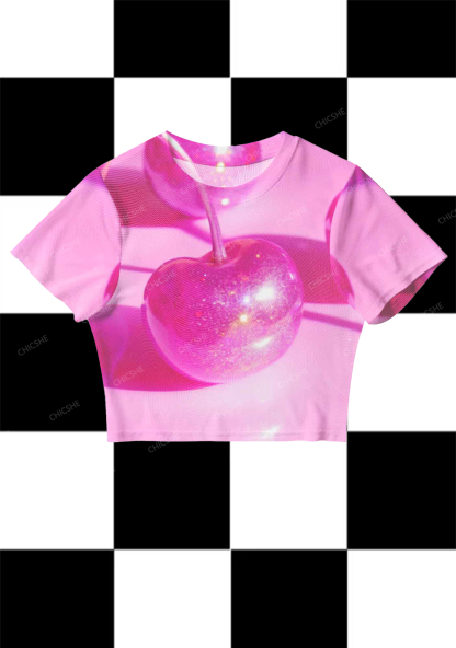 Chicshe Pink Crystal Cherry Print Y2K  Mesh Crop Top