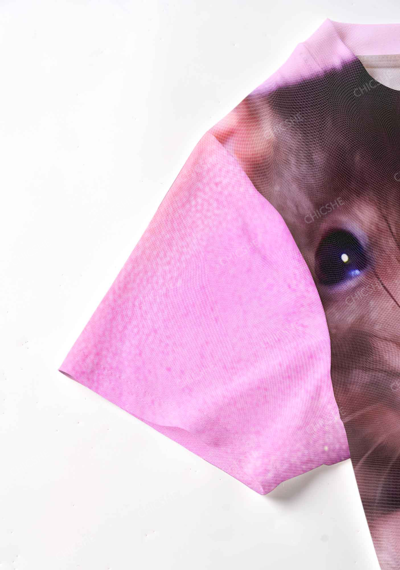 Chicshe Pink Mouse Print Y2K  Mesh Crop Top