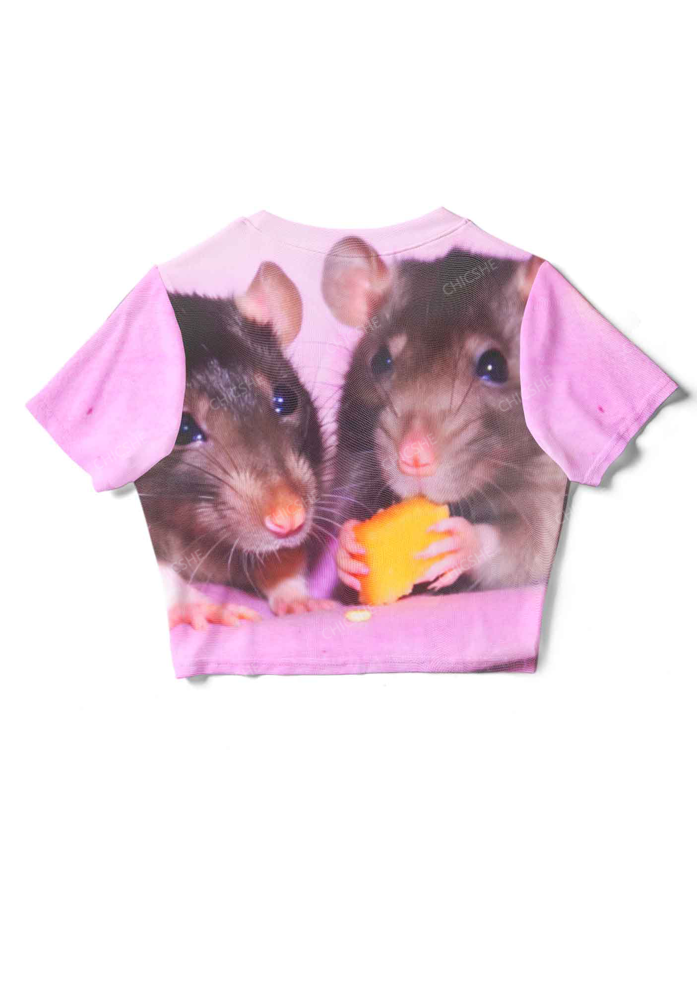 Chicshe Pink Mouse Print Y2K  Mesh Crop Top