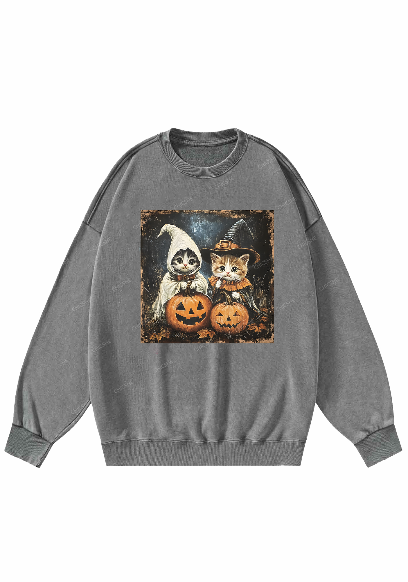 Chicshe Halloween Pumpkin Cat Y2K Washed Sweatshirts 