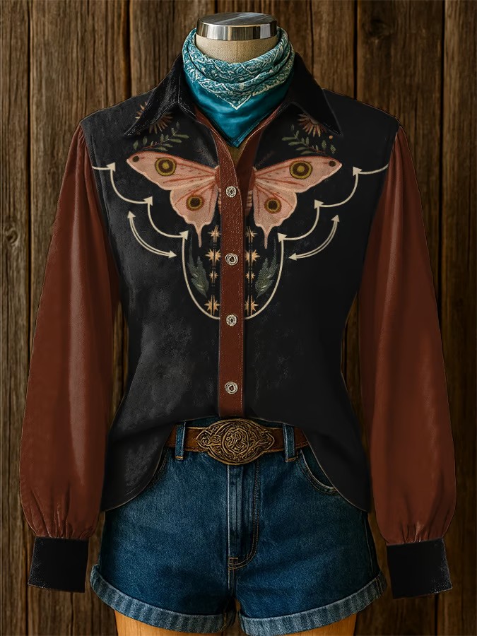 Women's Vintage Western Red Floral Long Sleeve Shirt