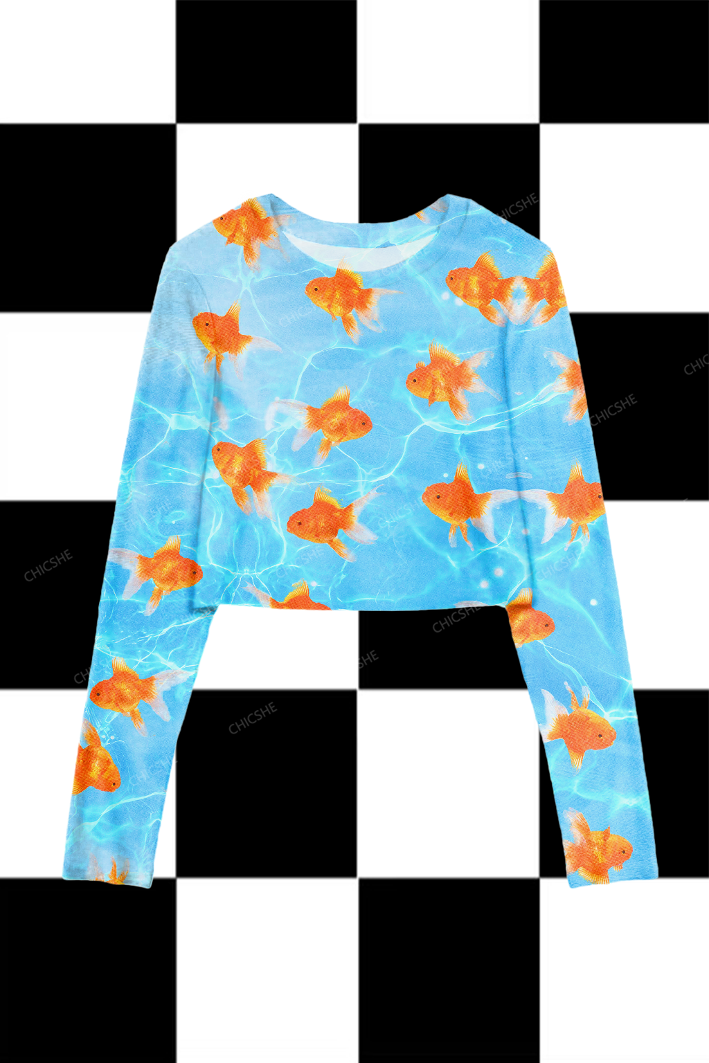 Chicshe Goldfish Water Waves Y2K Mesh Long Sleeve Crop Top