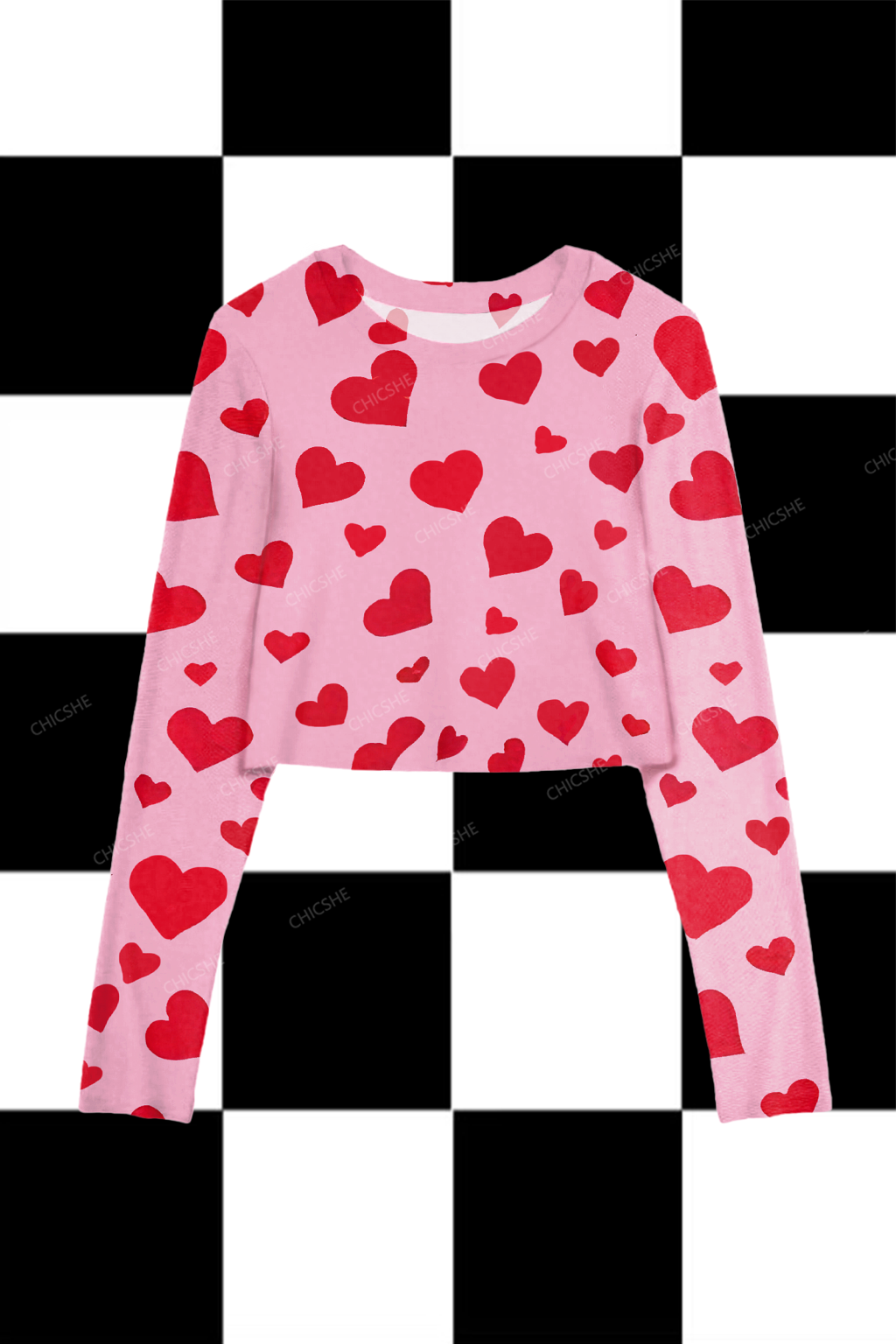 Chicshe Pink Heart Elegant Print Y2K Mesh Long Sleeve Crop Top
