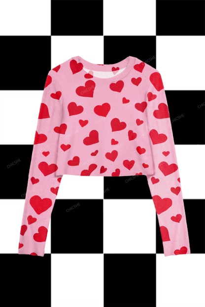 Chicshe Pink Heart Elegant Print Y2K Mesh Long Sleeve Crop Top