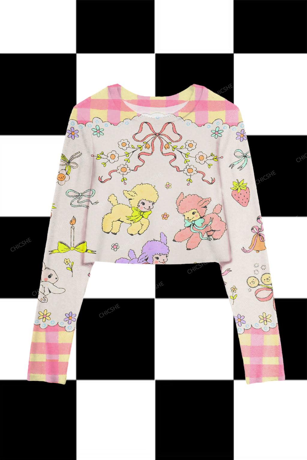 Chicshe Colorful Lamb Plaid Print Y2K Mesh Long Sleeve Crop Top