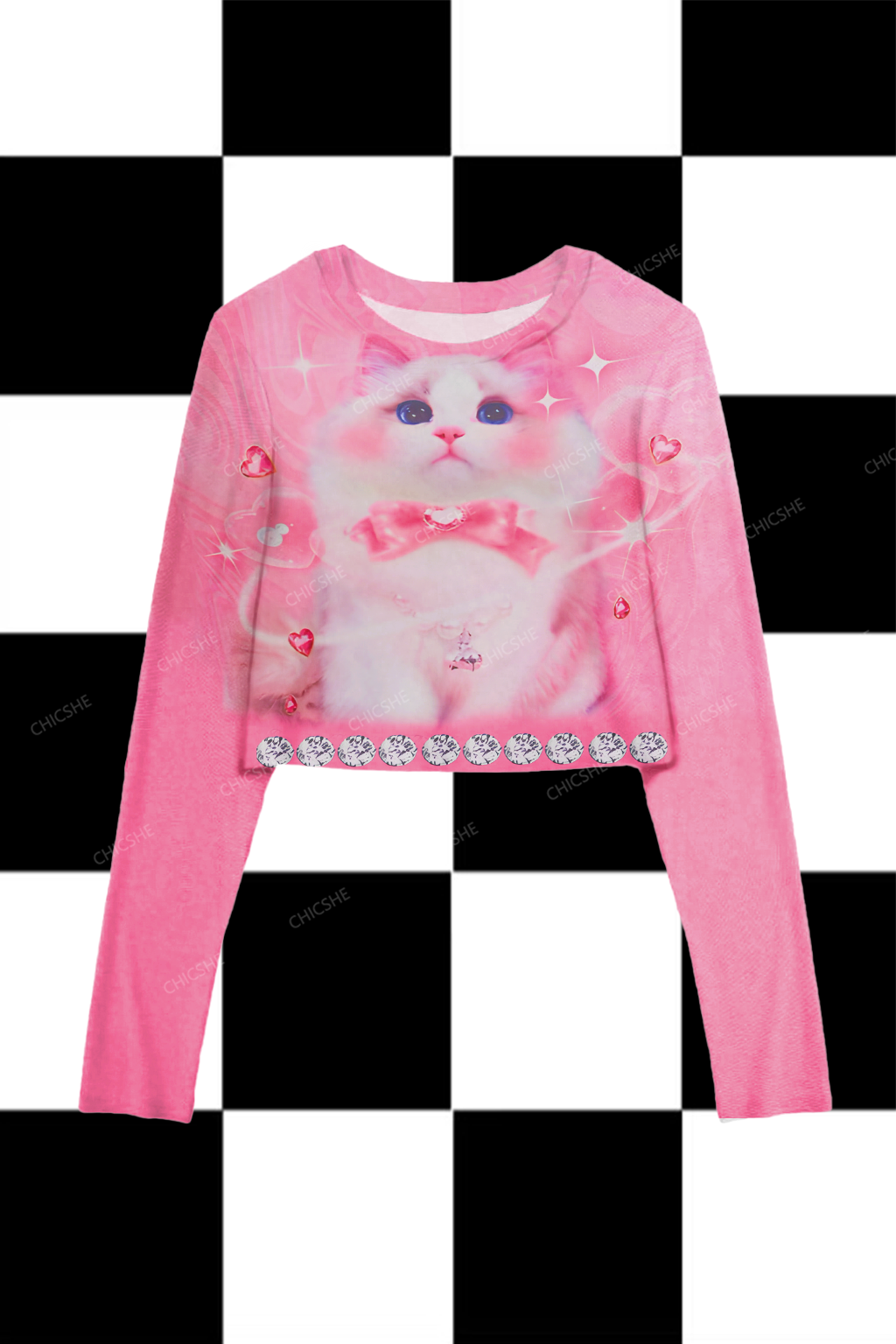 Chicshe Pink Blush Cat Y2K Mesh Long Sleeve Crop Top