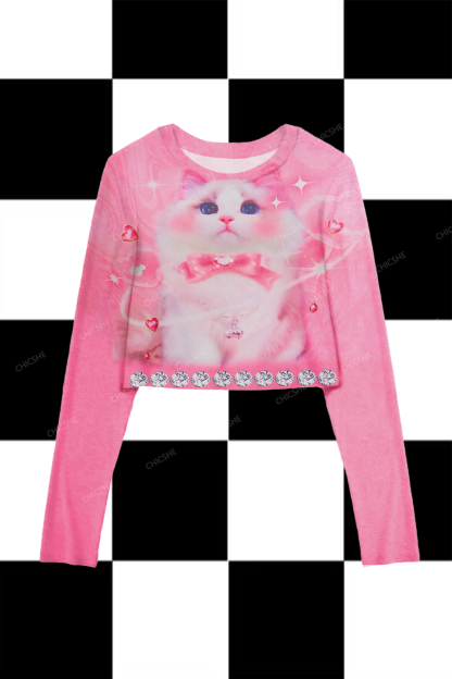 Chicshe Pink Blush Cat Y2K Mesh Long Sleeve Crop Top