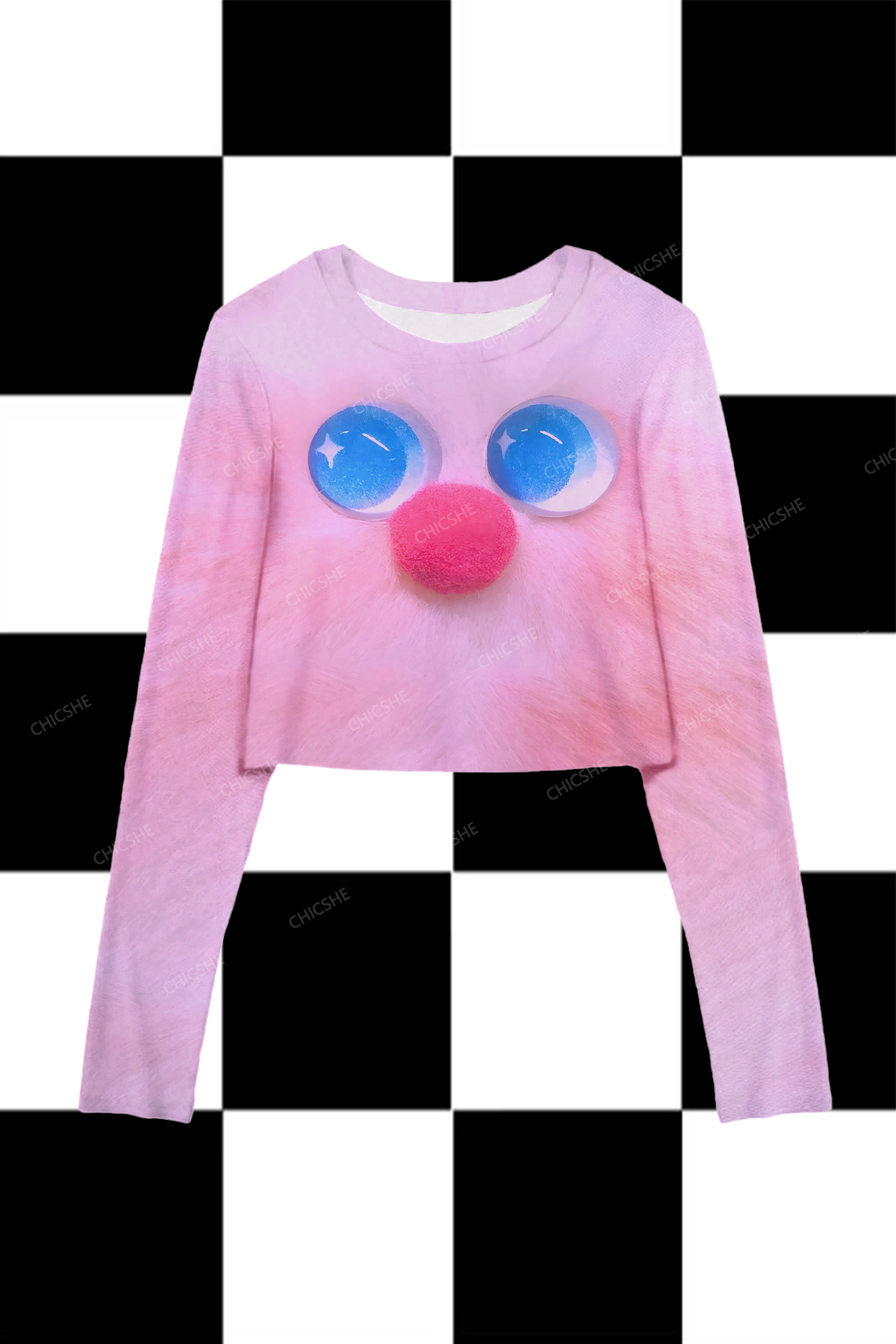 Chicshe Pink Cute Face Y2K Mesh Long Sleeve Crop Top